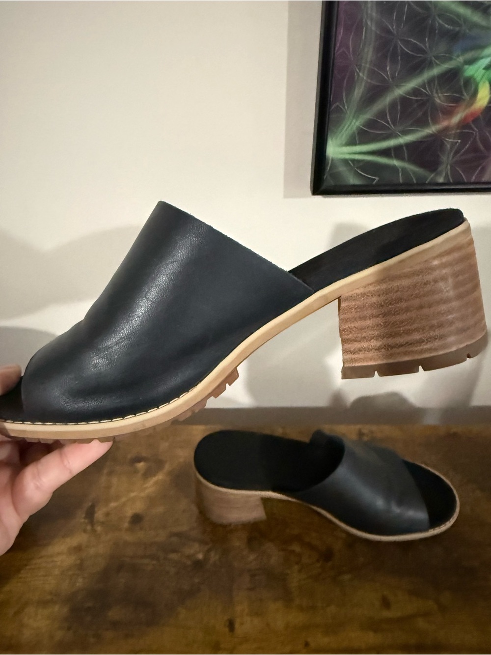 Timberland Black Leather Slide Sandals with Tan Wood Heel - Picture 5 of 10